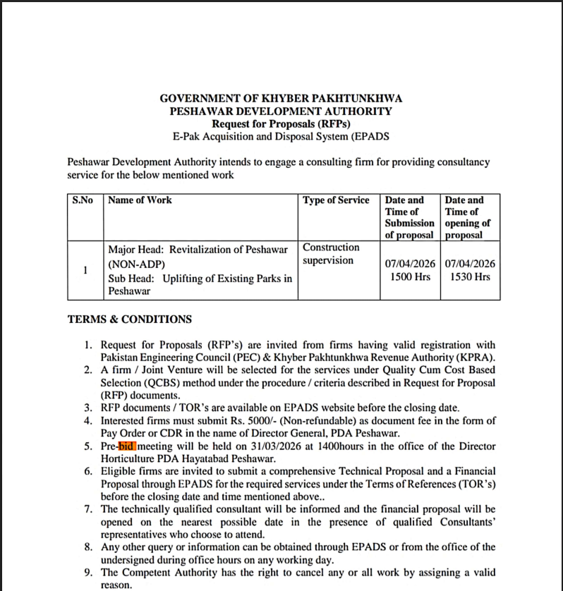 Request for Proposal (Revitalization of Peshawar / Uplifting of Existing Parks in Peshawar Uplifting
