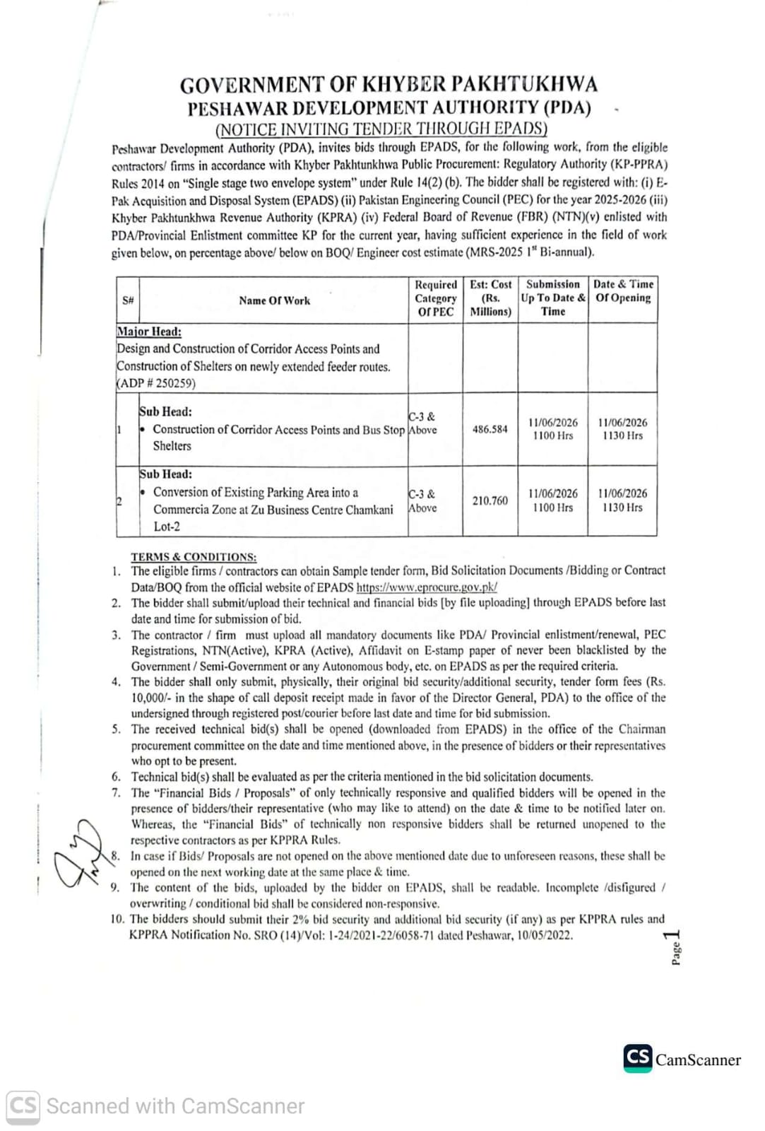 Notice Inviting Tender through EPADS